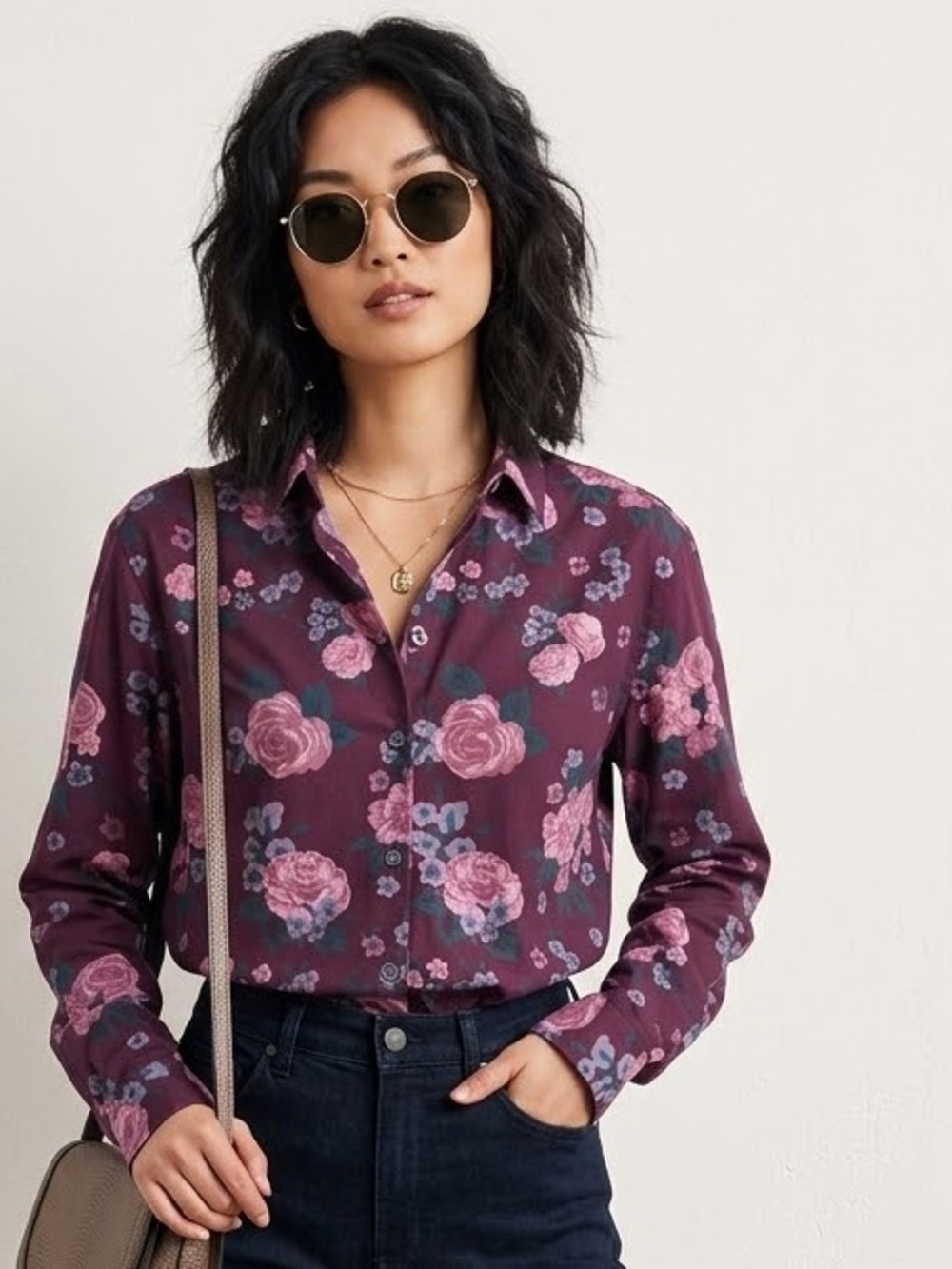 French Connection Burgundy Floral Button-Down Shirt Pink Roses Sz L